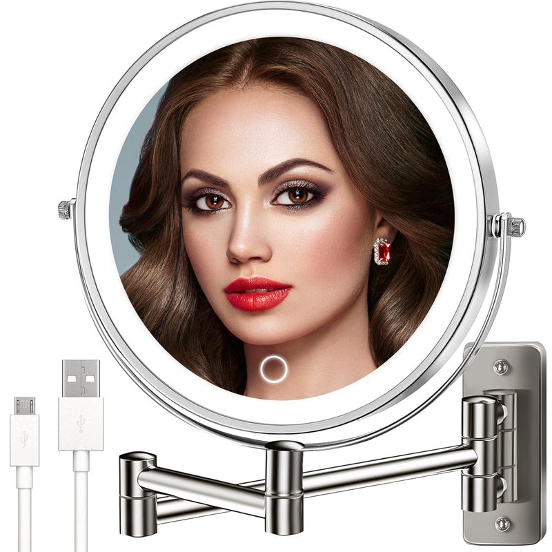 VESAUR 9"" 4000mAh Rechargeable Wall Mounted Lighted Makeup Mirror Nickel  1X/10X HD Undistorted Magnifying Mirror with 3 Color Lights Dimmable  360 Swivel Seamless Shaving Vanity Mirror 17"" Extendable Arm - Image 1